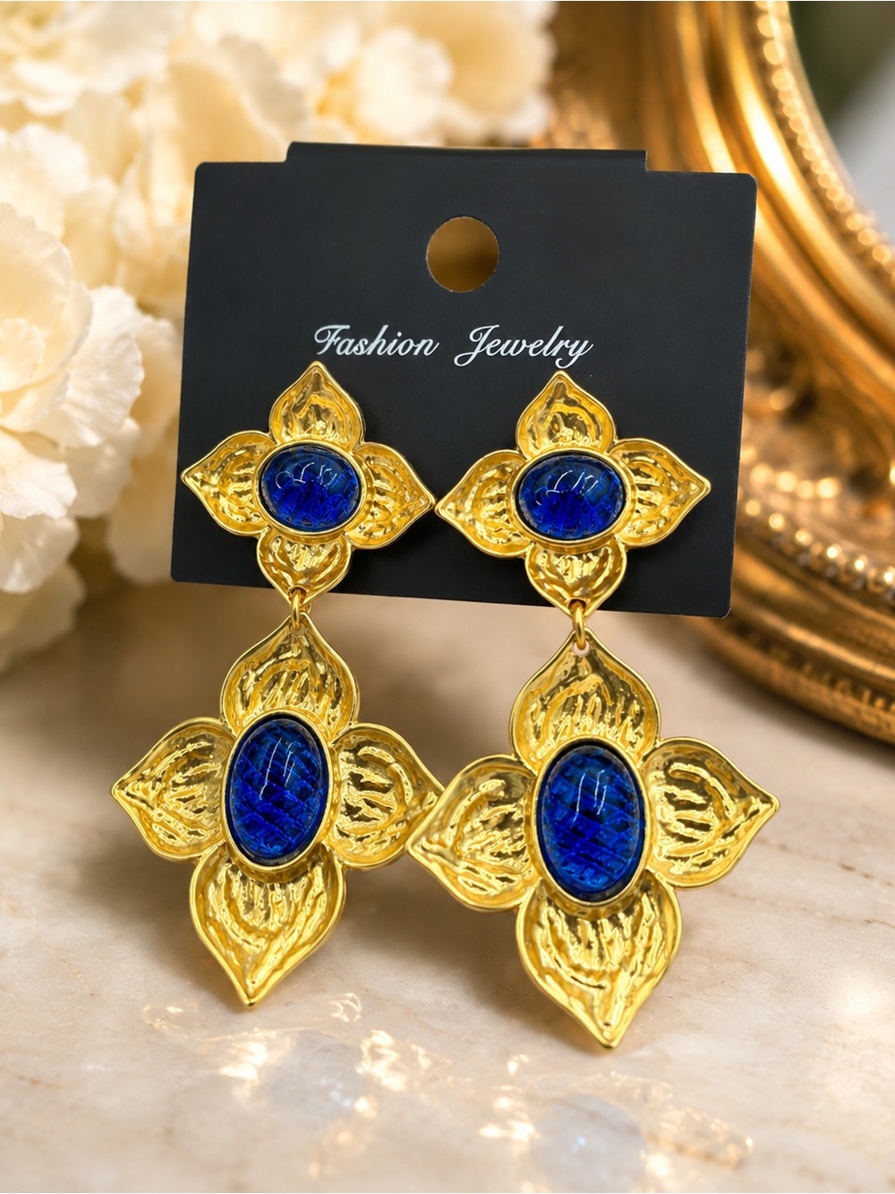 Kenneth Jay Lane KJL Gold Tone Blue Glass Floral Dangle Earrings 2.75” Glamorous
